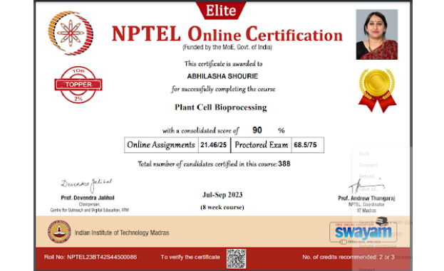 Dr.AbhilashaShourieearnedanELITEGoldMedalinNPTEL