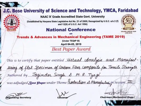 Best Paper Award in conference on Trends and Advances in Mechanical
                        Engineering in 2019