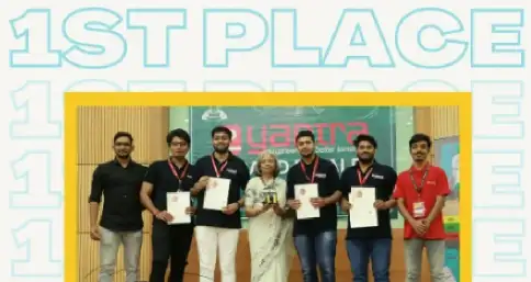 Rudranand Sahu and his team receiving 1st prize in the E-Yantra event organized
                            in IIT-Bombay.